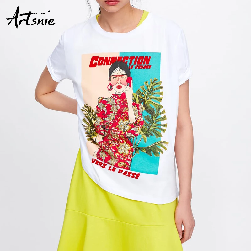 

Artsnie character print streetwear casual women t shirt summer 2019 o neck short sleeve white tee tops female girls t-shirts