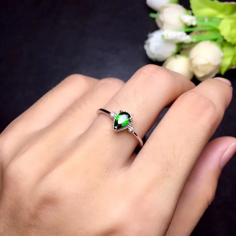 

Fashion grace water drop Natural green diopside gem Ring S925 Silver Natural gemstone Ring Women girl party gift fine Jewelry