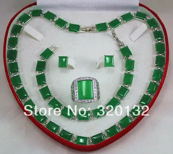 

18k White Inlay Green Rectangle Malay Jade Necklace Bracelet Earring Ring Set 18K white gold plated Jewellery free shipping