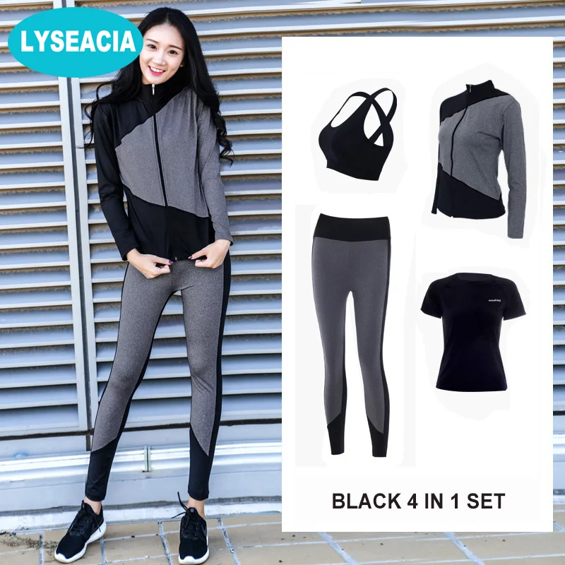 

4 IN 1 Breathable Sportswear Women Fitness Suit Patchwork Plus Size Sport Bra t-Shirt Zipper Jacket Leggings Sports Yoga Suit