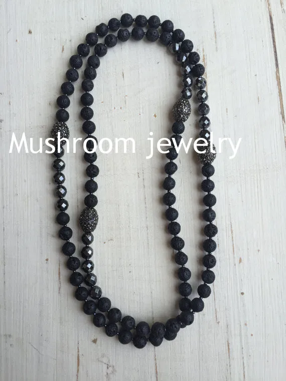 N00255Single Wrap Layering Necklace. Black Lava Beads with Faceted Hematite and Pave Crystal Gunmetal Ovals (3)