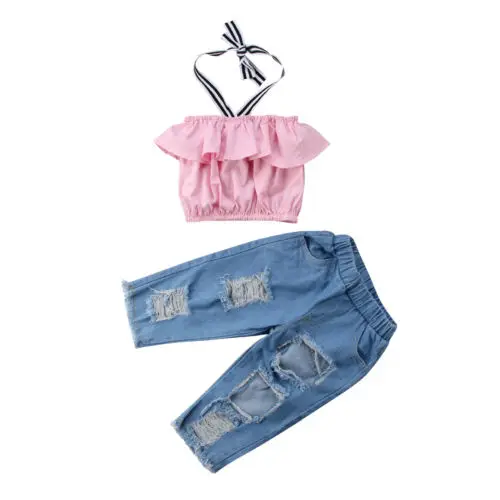 

2018 Fashion Toddler 2PCS Newborn Baby Girls Clothes Outfits Off Shoulder Tops+Denim Hole Pants Outfits Children Clothing
