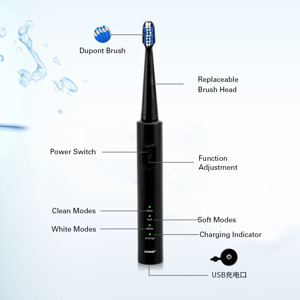 AZDENT Sonic электрическая зубная щетка перезаряжаемая USB зарядное устройство 4 шт. сменные головки таймер Водонепроницаемая зубная щетка AZ-1 Pro