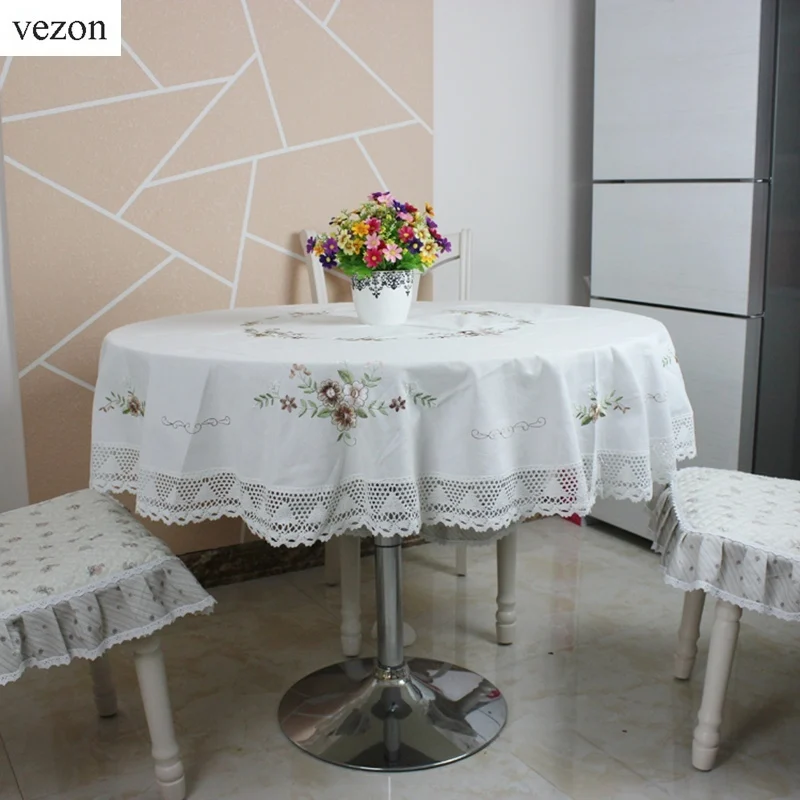vezon Hot Selling Round Elegant Cotton Embroidery Tablecloths