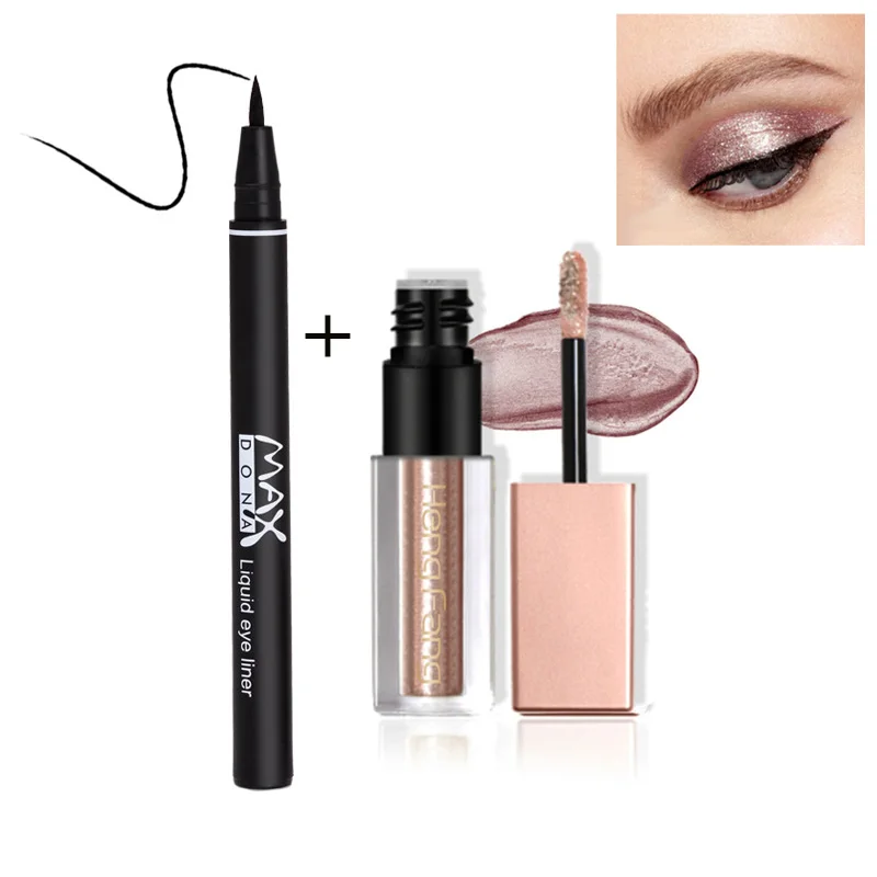 

New Glitter Shimmer Eyeshadow Makeup Kit Waterproof Long Lasting Shiny Gold Silver Pigment Liquid Eye Shadow Stick Eye Liner Set