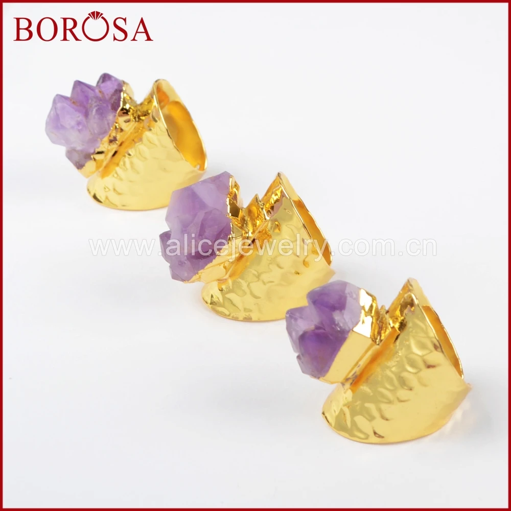 BOROSA Мода 5 шт. грубые аметисты кольцо с золотой полоской кристалл Друза
