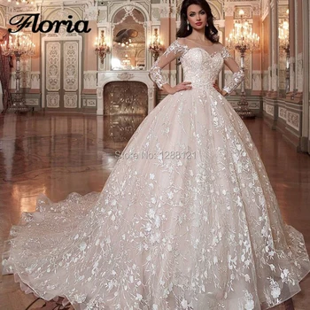 

Dubai Lace Illusion Wedding Dress 2019 Custom made African Turkish Ball Gown Bridal Dresses Vestido de Noiva East Middle Kaftans