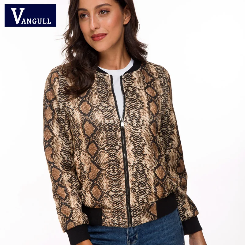 Vangull الأفعى الجلد طباعة سستة إغلاق Sreetwear المرأة الستر 2019 العلامة التجارية ربيع جديد طويل الأكمام عارضة سترات للعبة البيسبول