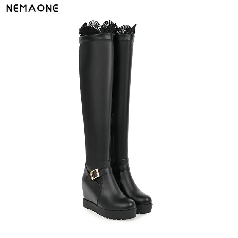 

NEMAONE Sexy women over the knee boots height increasing high heels platform round toe ladies boots lace winter shoes woman