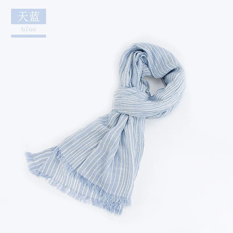 Blue Jinjin. QC Льня Весенний Шарф Для Мужчин С Кисточками Полосатые Сморщенные Хлопковые Шарфы Бандана Женский Шарф - Цвет: Blue