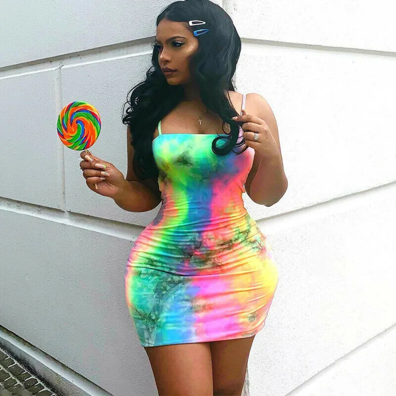 

Sexy Women's Tie Dye Mini Dress Sleeveless Strappy Hip Bodycon Ladies Sundress Backless Evening Party Club Women Mini Dress