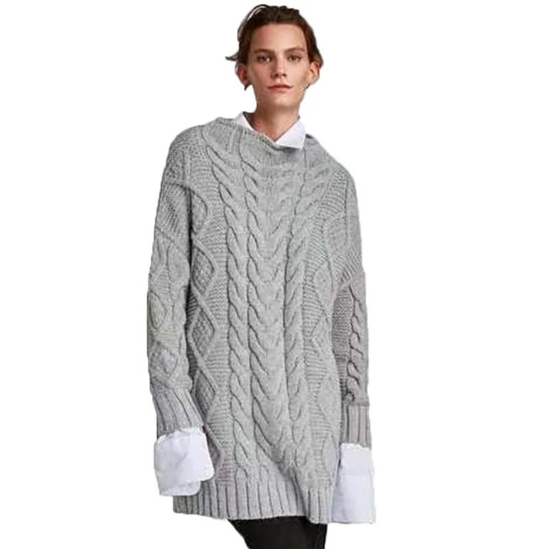 Stand Collars Twist Knitted Sweater Pullover Women Winter Vintage Casual Solid Gray Pullovers Female Loose Long Sweaters Warm | Женская