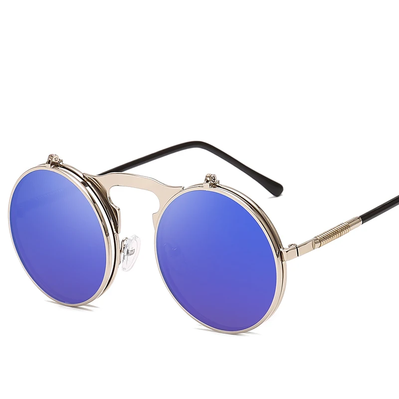 Длинные солнцезащитные очки, флип, солнцезащитные очки в стиле стимпанк, складные, для мужчин и женщин, двойные линзы, прозрачная оправа из сплава, очки, тени UV400 - Цвет линз: Silver Blue