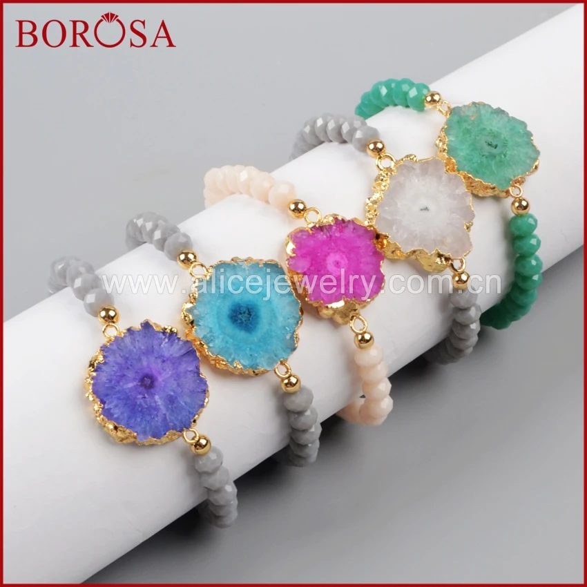 

BOROSA New Druzy Bracelets for Women, Gold Color Mix Color Natural Solar Quartz Slice & 6mm Grey Color Beads Bracelets G1018