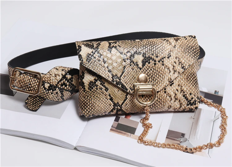 Women Fanny Pack Serpentine Leather Belt Bag Fashion Snake Skin Chain Women Pouch Ladies Bum Waist Bag Shoulder Bag Purse