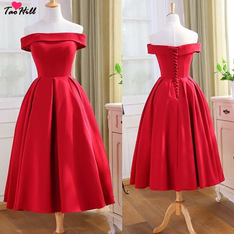 

TaoHill Red Evening Dresses A-line Off the Shoulder Satin Simple Robe De Soiree Tea Length Lace Up Back Party Dress