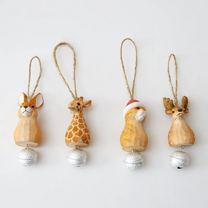 

creative hanging gift handmade carving wood rabbit cat giraffe deer head christmas tree ornaments bells car pendant car ornament