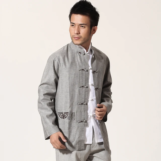 Embroidery Gray Chinese Style Men Cotton Linen Shirt Kung Fu Shirt