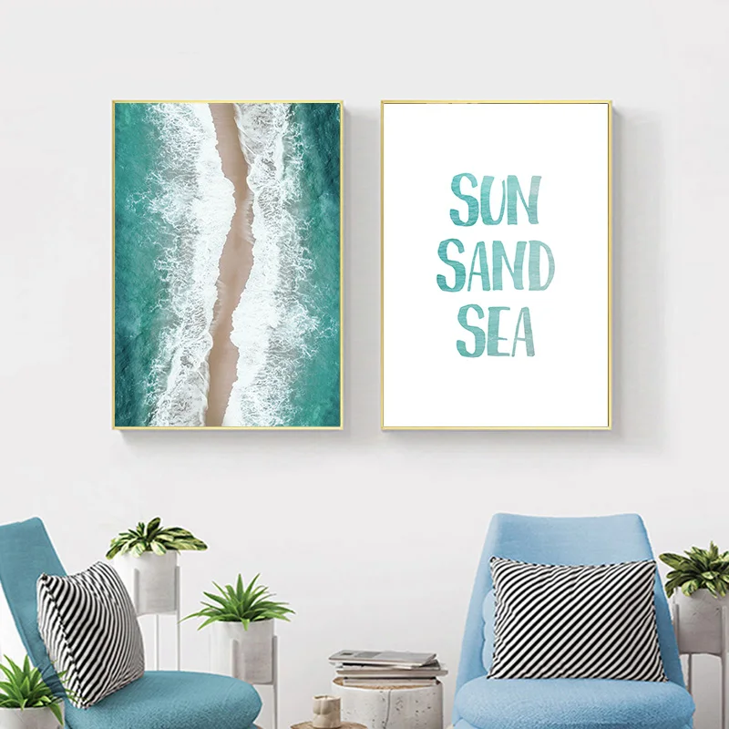 Вид с воздуха тропический океан пляж плакат Лето море волны Пальма лист Печатный пейзаж стены Искусство Холст живопись декоративная картина