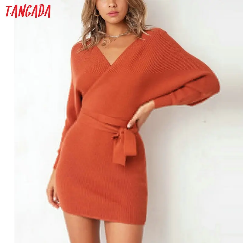 Tangada вязаное платье теплое с рукавом летучая мышь короткое мини поясом серое