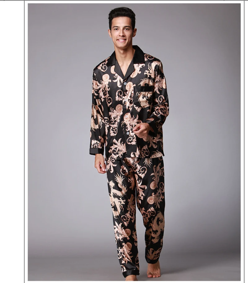 SSH004 High Quality Printed Wedding Mens Pajamas Satin Silk Nightgown Sleepwear Spring Autumn Male Full Sleeves Pants Pajama Set plus size silk pajamas