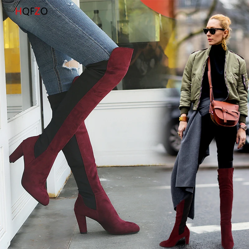 

HQFZO New Hot Suede Women Boots Over the Knee Boots Platform Sexy Female Autumn Winter lady Block Heels Boots Shoes Woman 35-43