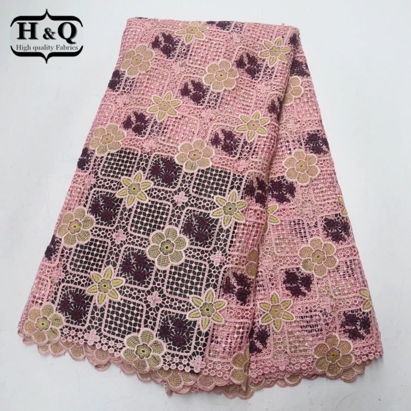 

Beautiful flower African Water Soluble lace fabric Embroidery With Beads Cord lace fabric 5 yards high quality For Sewing dress