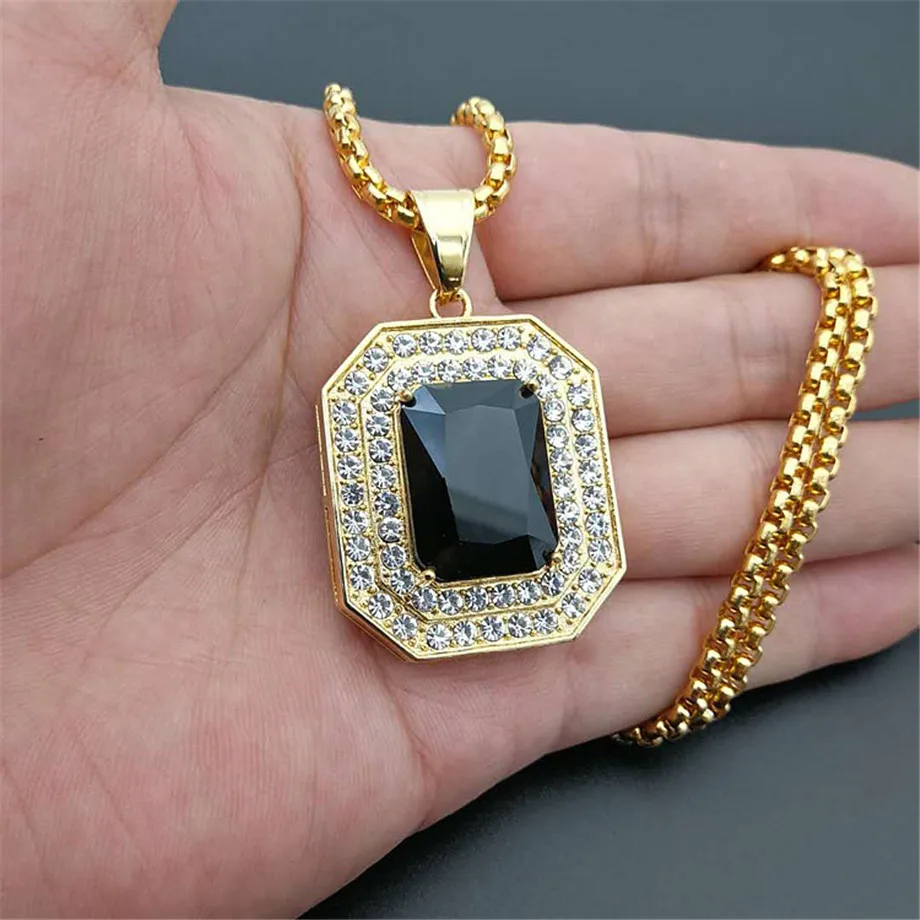 

Iced Out Square Black Crystal Pendant Necklace For Men/Women Bling Rhinestone Hip hop Jewelry With Box Chain Drop Shipping
