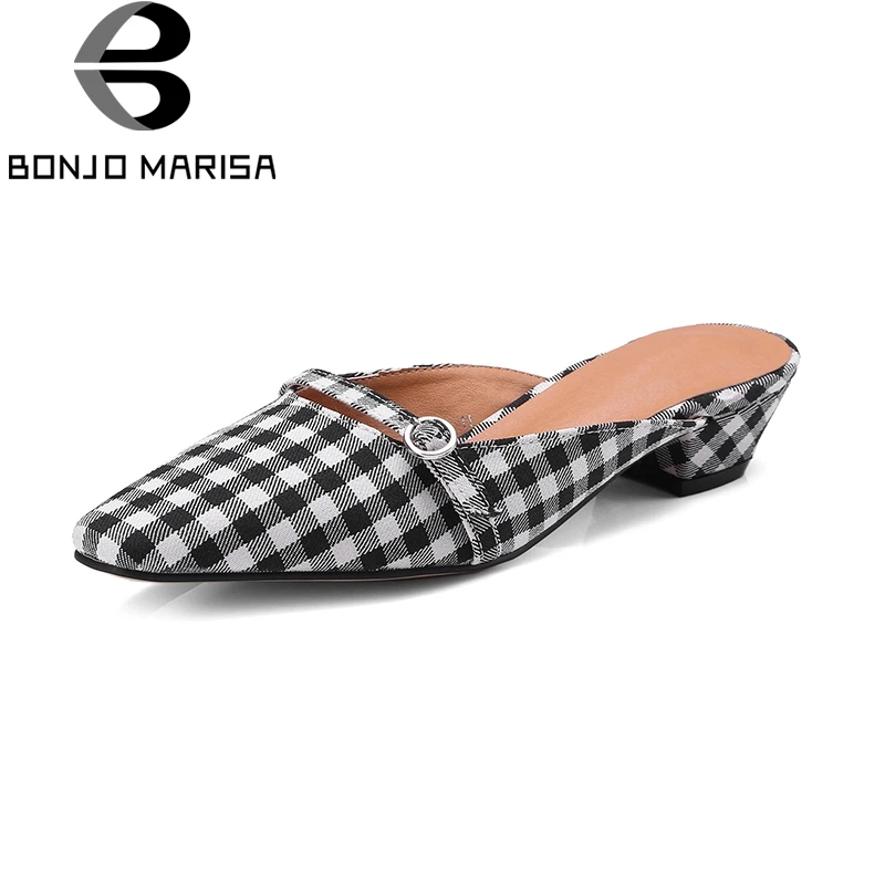 

BONJOMARISA Genuine Leather 2018 Kid Suede Large Size 33-40 Slip On Square Mid Heels Women Shoes Woman Black Pumps Shoes