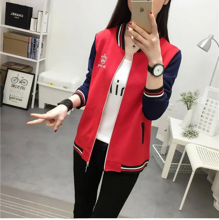 2019 Women's Patchwork Jacket Coat Female Basic Jackets Autumn Long Sleeve Baseball Jackets Plus Size Embroidery Chaquetas Mujer (7)