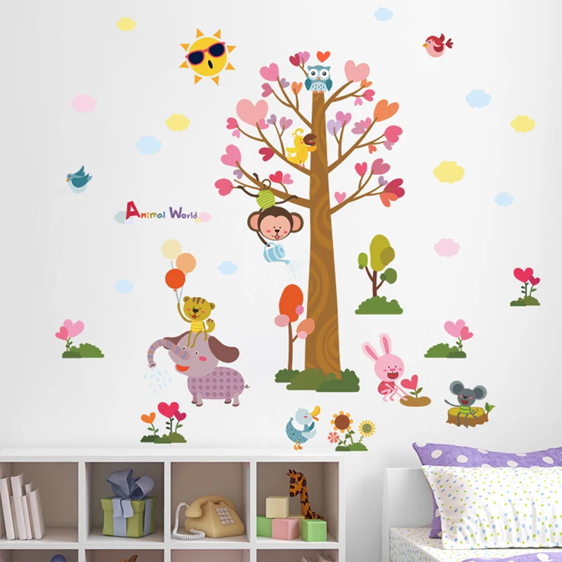 Us 1 18 35 Off Animals Love Heart Tree Wall Stickers For Kids Playroom Bedroom Decorations Safari Mural Diy Home Wall Pvc Decals Children Gifts In