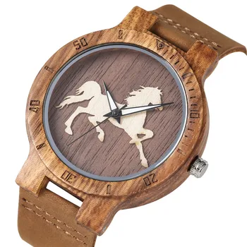 

Classic Wood Case Quartz Watch Movement for Men Unique Three-dimensional Horse Pattern Dial Wooden Watch Leather Band Wristwatch