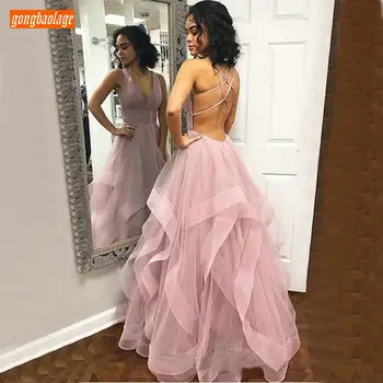 

Gorgeous Blush Pink Deep V Neck Prom Dresses Long Sexy Backless Criss Cross Straps Formal party Gown Tulle Customized Prom Dress