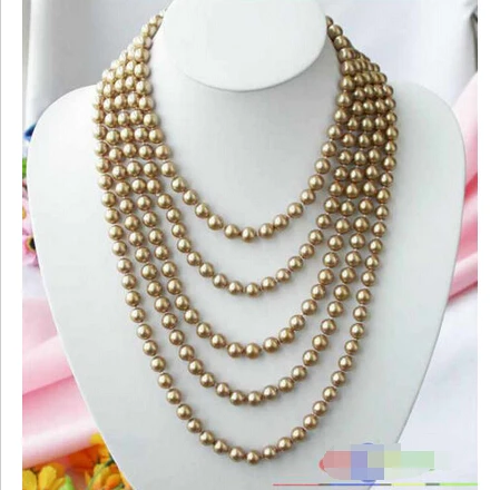 

p1536 LONG 100" 8MM champagne SOUTH SEA SHELL PEARL NECKLACE @^Noble style Natural Fine jewe FREE SHIPPING ##a #a