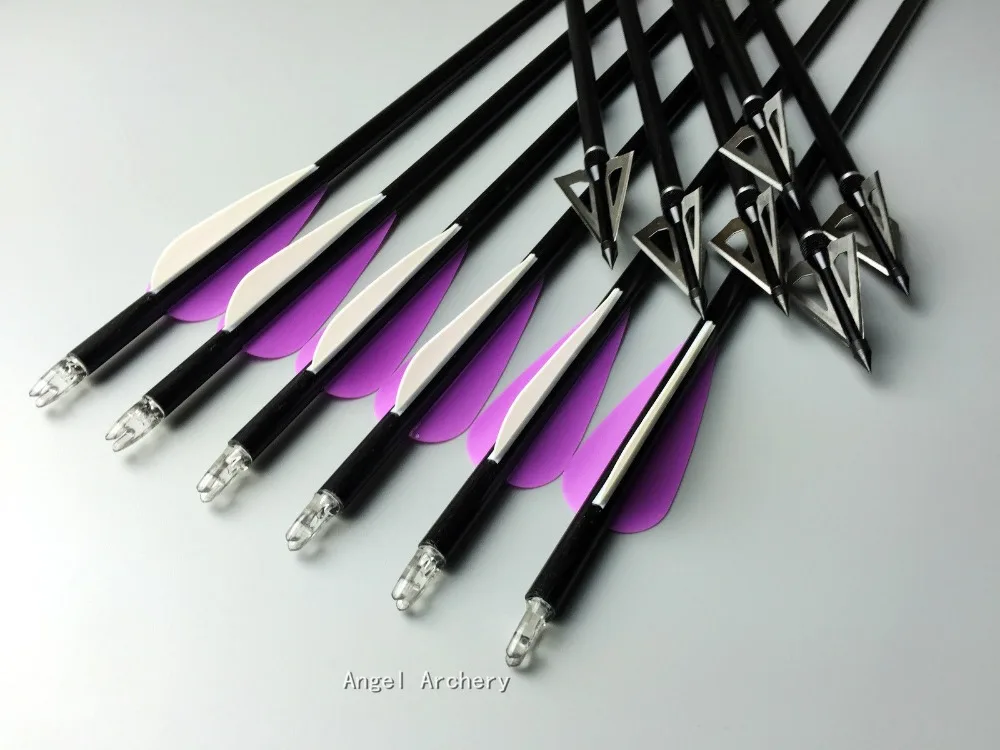 12PK Purple Fiberglass arrows With Black Broadheads And Field Tips