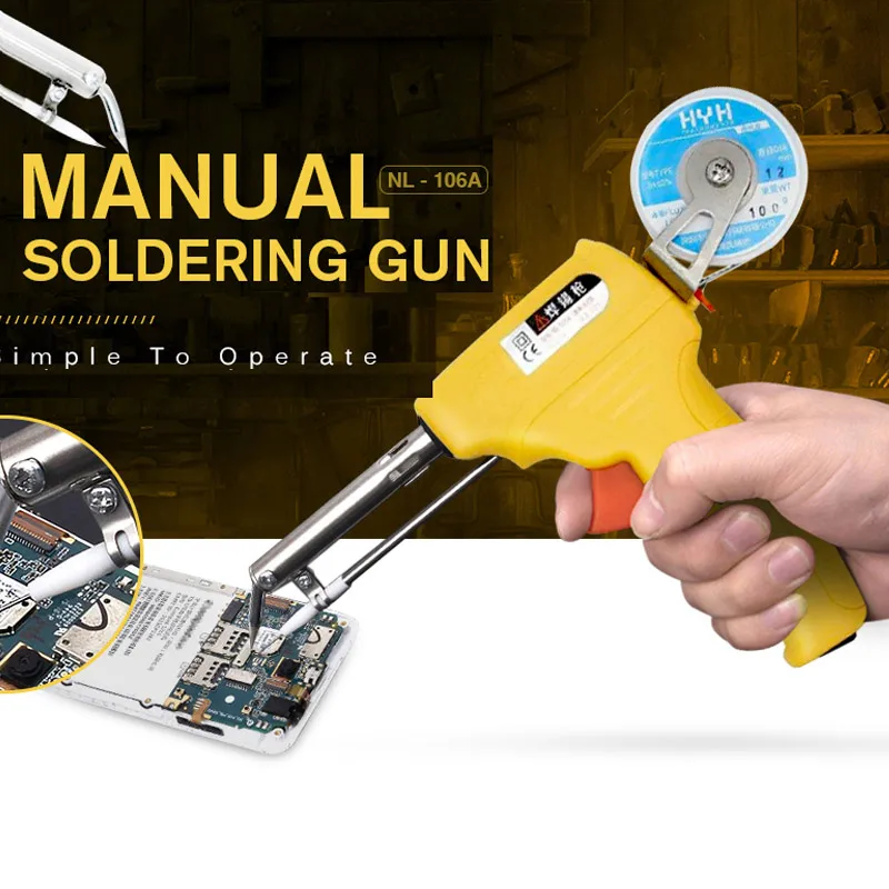 

220V Manual Yellow Tin Gun Suction Tin Device Electric Welding Gun Tool 60W Automatic Send Tin Soldering Iron Gun Solder Tool