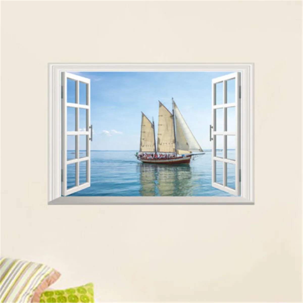 New And Fashion Classic Ocean Sailboat 3D Window View Wall Stickers