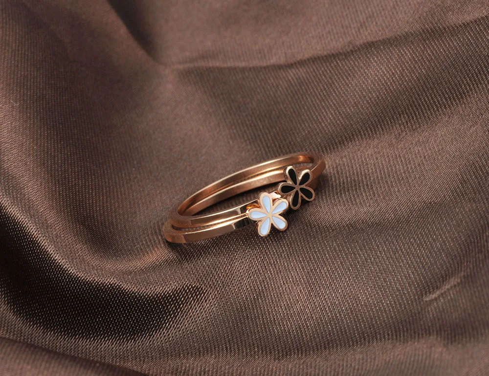 Lokaer модное белое/черное кольцо с двойными цветами, ювелирные изделия для женщин и девушек, розовое золото, нержавеющая сталь, юбилейные кольца Anneaux R19009