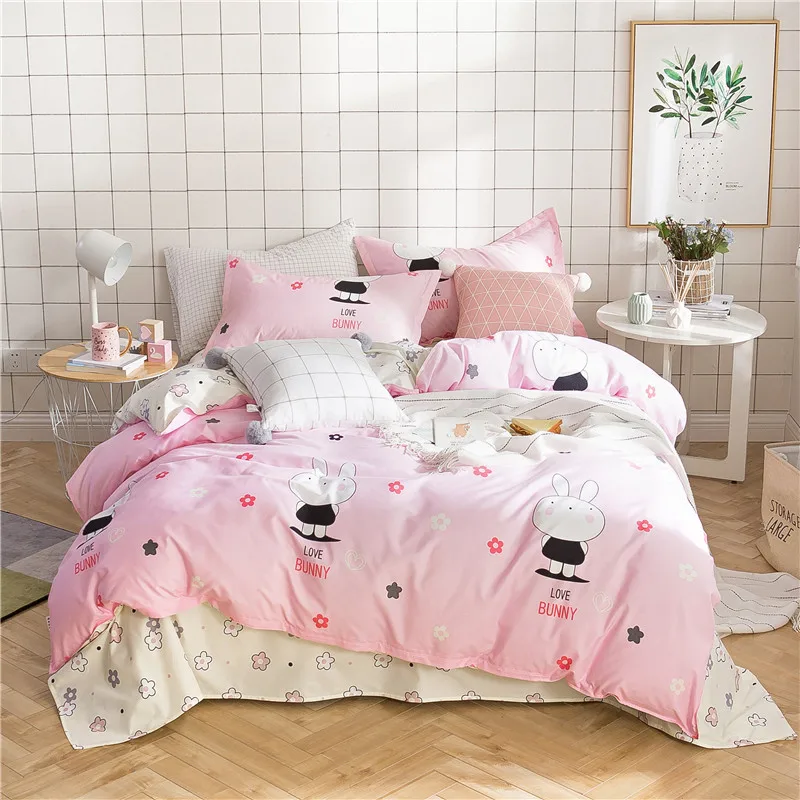 

Cartoon White Bunny Pattern Bedding Sets 4Pcs Bed Linings Duvet Cover Bed Sheet Pillowcases Cover Set Bed Linens Set Queen Size