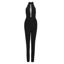 Fashion Sexy Long Black Sleeveless Halter Neck Mesh Backless 2016 New Fashion Sexy Rayon Bodycon Bandage Jumpsuits Women QA-113