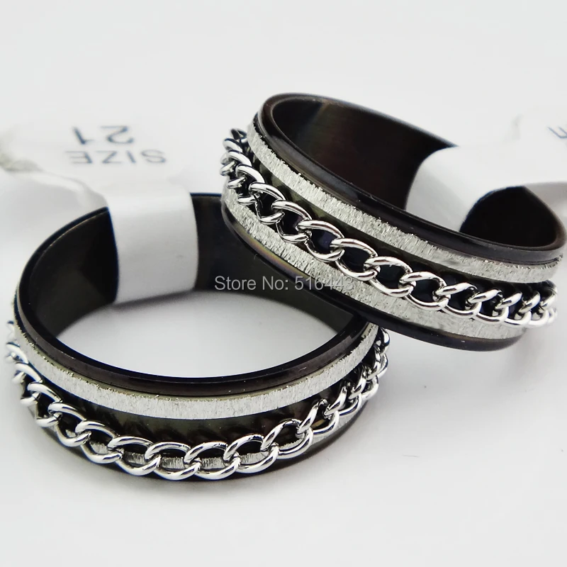 

Fashion New 10pcs Black Frosted Stainless Steel Women Mens Fashion Double-Layer Spin Chain Rings Wholesale Jewelry Lots A056