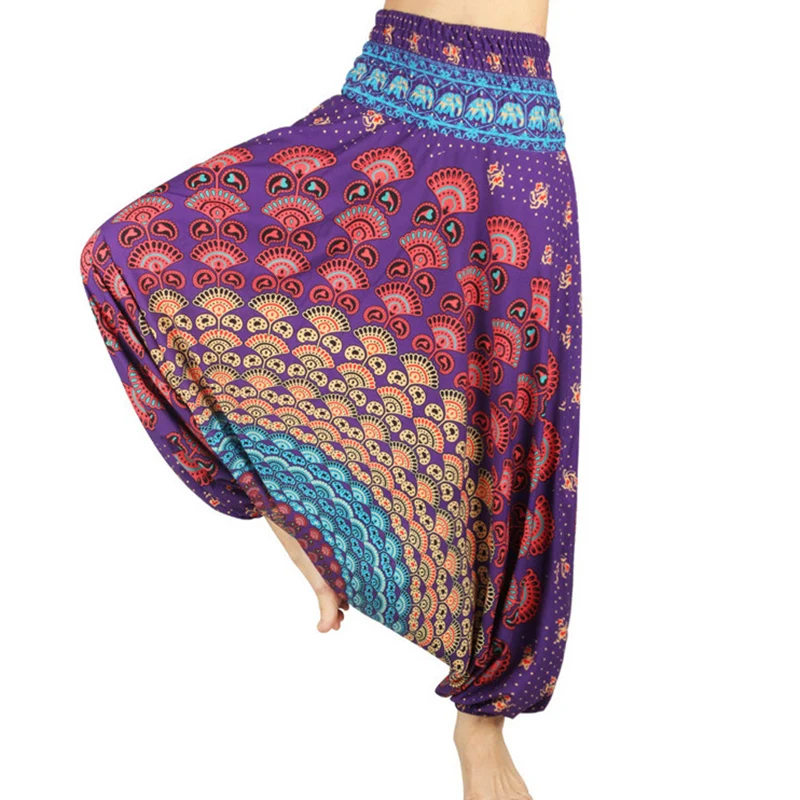 One Size Women Thai Indian Harem Trousers Comfy Boho Pants Long Beach Summer Pants Casual Loose Low Cut Floral Trousers