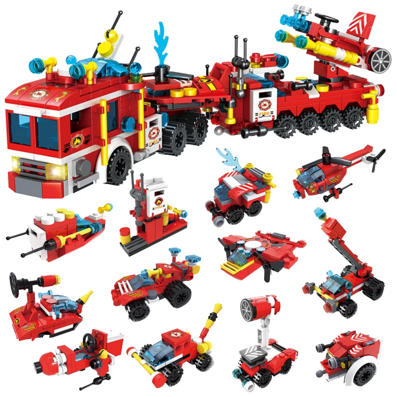Legoing City Fire Fighting Car Helicopter 12in1 Building Blocks Set Toys For Children Compatible City Legoing For Fire Fighting