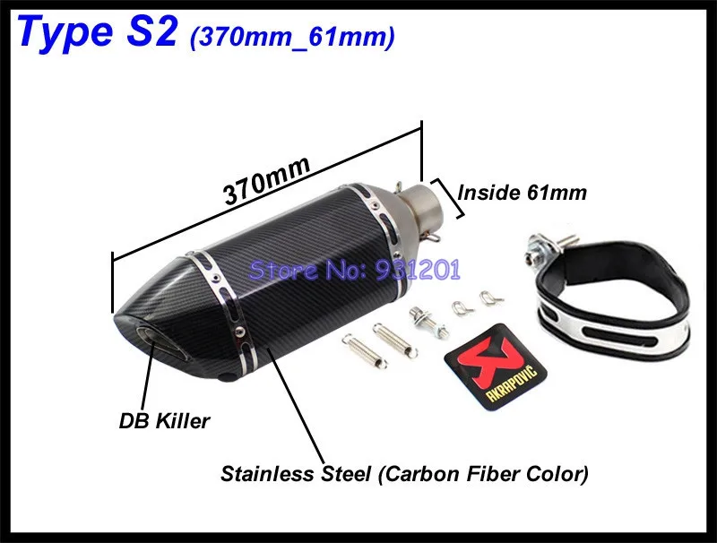 Длина 570 мм/470 мм/370 мм на входе 51 мм 61 мм Akrapovic глушитель выхлопной трубы универсальный мотоцикл дБ убийца Escape Moto - Цвет: Type S2 (370mm-61mm)