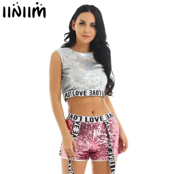 

iiniim Womens Adult Holographic Dance Set Costumes Crop Top with Shorts for Jazz Hip Hop Gymnastics Dancewear Stage Performance