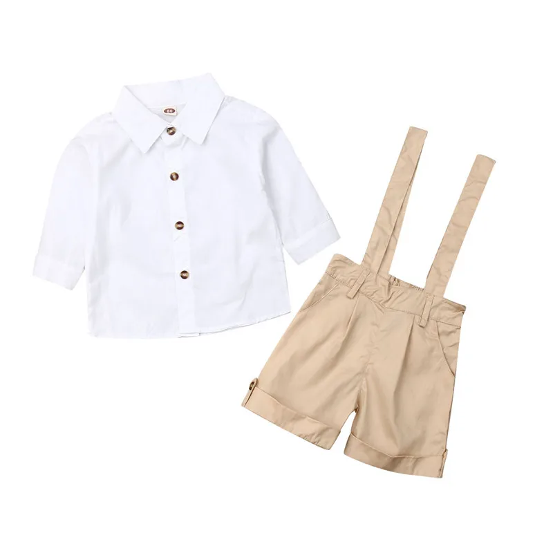 Официальная детская праздничная одежда для маленьких мальчиков Комплекты джентльменов белые рубашки с длинными рукавами и пуговицами+ штаны на бретелях однотонные хлопковые комплекты из 2 предметов для мальчиков 2-7Y - Цвет: Белый