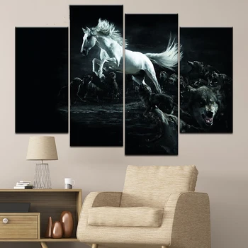 

Modular Pictures Canvas Painting 4 Pieces Wall Art Animal White Horse Posters Print Modern Living Room Home Decor Framework