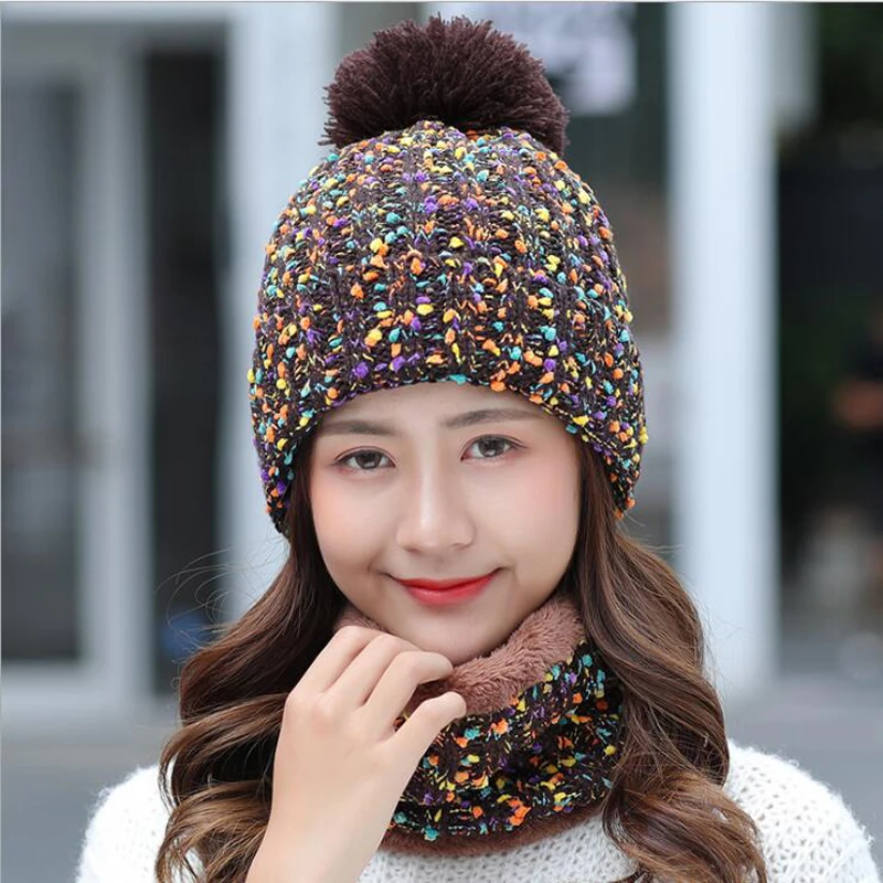 

2 Pieces Set Winter Hat Scarf For Women Hat&Scarf Warm Pom Pom Beanies Knitted Scarf Winter Female Girls Thick Hat And Scarf Set