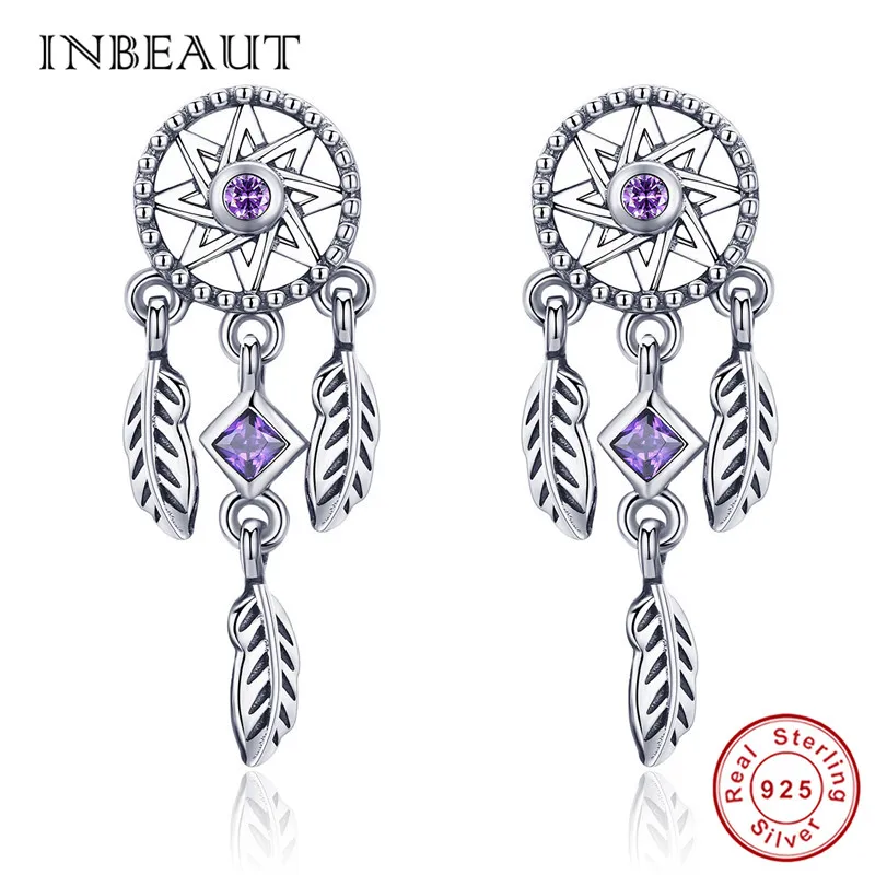 

INBEAUT 100% 925 Sterling Silver Square Purple Zircon Dream Net Feathers Stud Earrings Vintage S925 Universal Zircon Earrings