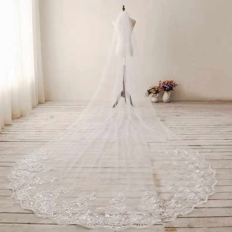 

2019 Designed Bridal Veils Lace Sequins Appliques One-Layer Amazing Wedding Veils Bridal Accessories with Combs